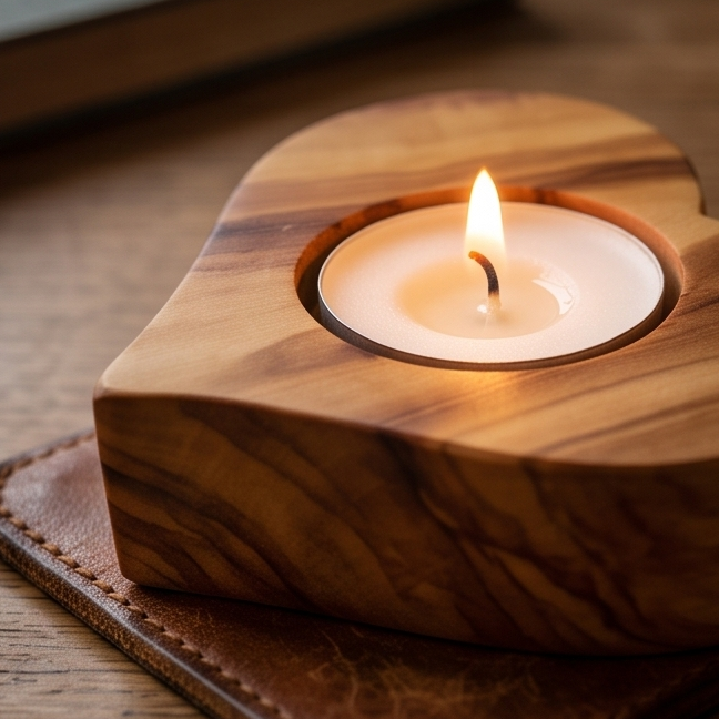 Handcrafted Olive Wood Heart Candle Holder (8 cm) – Romantic Wooden Gift