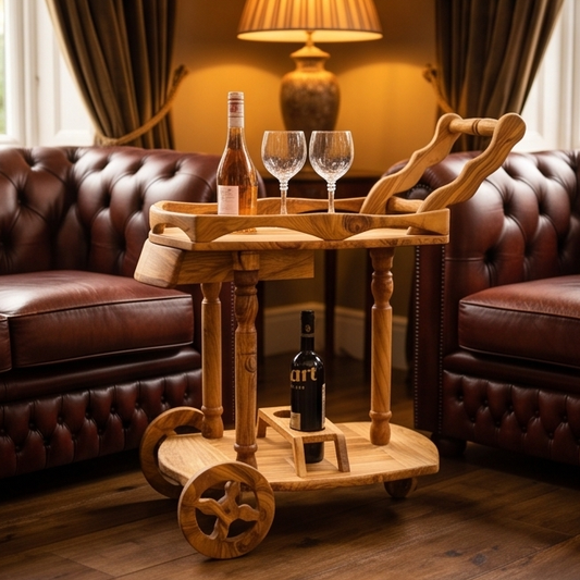 Luxury Solid Olive Wood Bar Cart | Handcrafted Rolling Wine & Beverage Serving Trolley