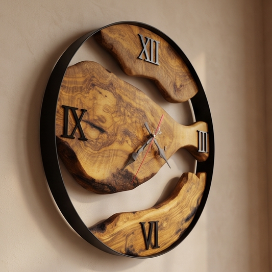 Minimalist Round Olive Wood Wall Clock | Luxury Metal Hoop Statement Clock