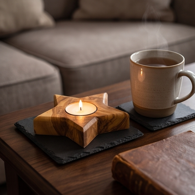 Olive Wood Star Shaped Tealight Candle Holder 10 cm, Home Decor, natural, handmade, gift