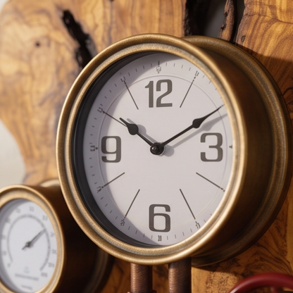 Industrial Steampunk Multi-Gauge Freeform Olive Wood Clock | Luxury Weather Station Art