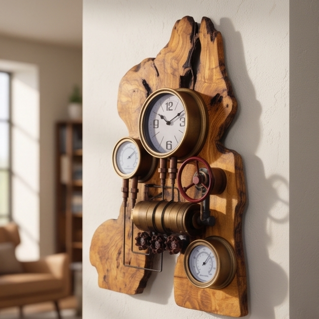 Industrial Steampunk Multi-Gauge Freeform Olive Wood Clock | Luxury Weather Station Art