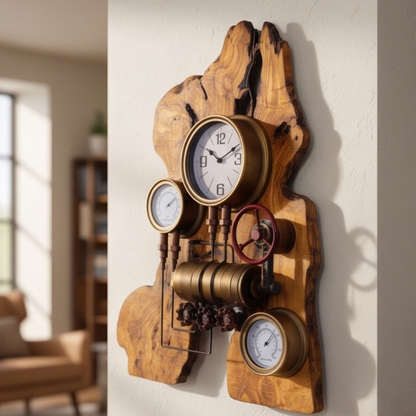 Industrial Steampunk Multi-Gauge Freeform Olive Wood Clock | Luxury Weather Station Art