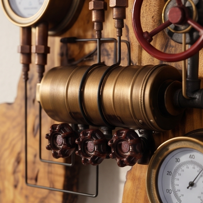 Industrial Steampunk Multi-Gauge Freeform Olive Wood Clock | Luxury Weather Station Art