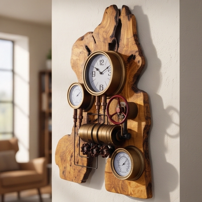 Industrial Steampunk Multi-Gauge Freeform Olive Wood Clock | Luxury Weather Station Art