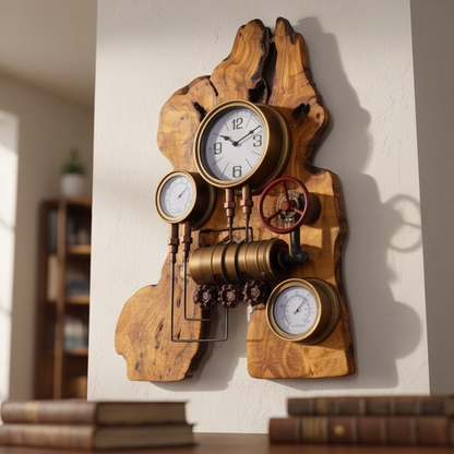 Industrial Steampunk Multi-Gauge Freeform Olive Wood Clock | Luxury Weather Station Art