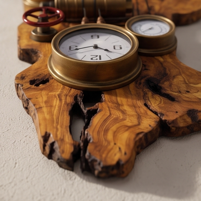 Industrial Steampunk Multi-Gauge Freeform Olive Wood Clock | Luxury Weather Station Art