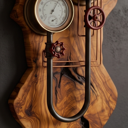 Industrial Steampunk Olive Wood Wall Clock | Luxury Live Edge Weather Station Decor