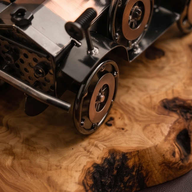 Voiture sur planche en bois d'olivier