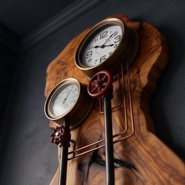 Industrial Steampunk Olive Wood Wall Clock | Luxury Live Edge Weather Station Decor