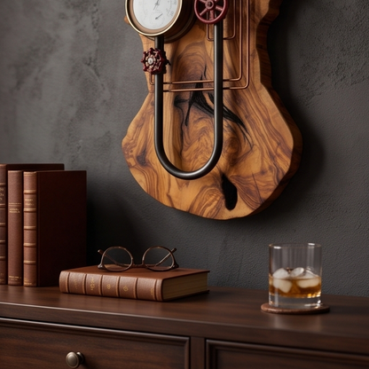Industrial Steampunk Olive Wood Wall Clock | Luxury Live Edge Weather Station Decor