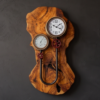 Industrial Steampunk Olive Wood Wall Clock | Luxury Live Edge Weather Station Decor