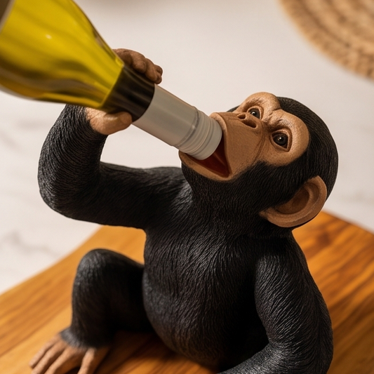 Funny Chimp Monkey Wine Bottle Holder | Luxury Olive Wood Base Countertop Display