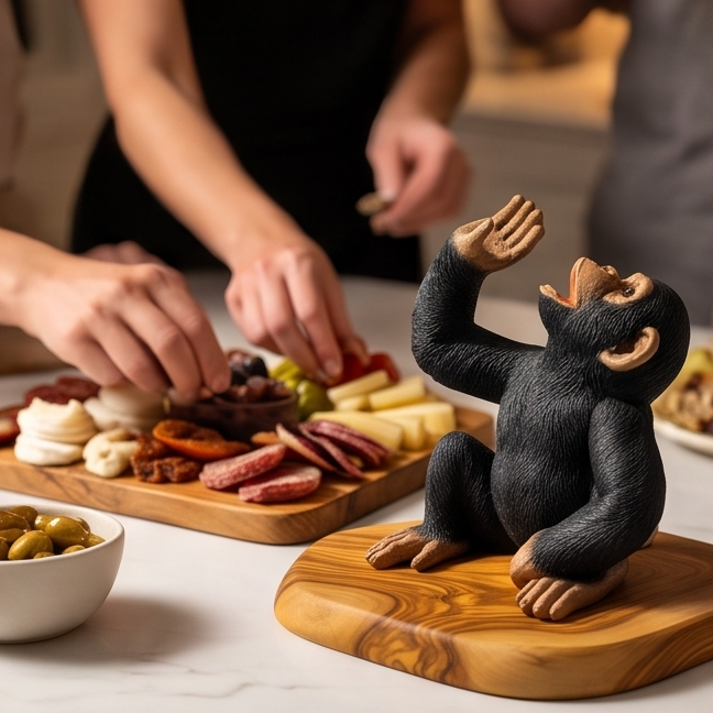 Funny Chimp Monkey Wine Bottle Holder | Luxury Olive Wood Base Countertop Display