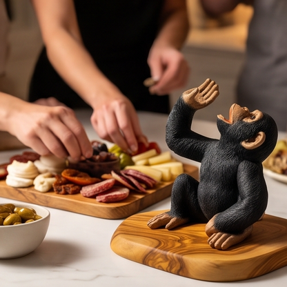 Funny Chimp Monkey Wine Bottle Holder | Luxury Olive Wood Base Countertop Display