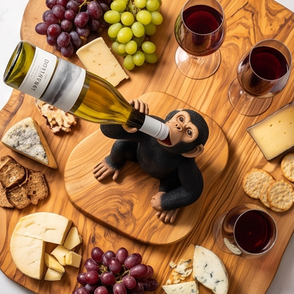 Funny Chimp Monkey Wine Bottle Holder | Luxury Olive Wood Base Countertop Display