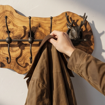 Rustic Live Edge Olive Wood Wall Coat Rack with Stag Head Accents