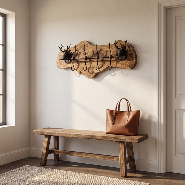Rustic Live Edge Olive Wood Wall Coat Rack with Stag Head Accents