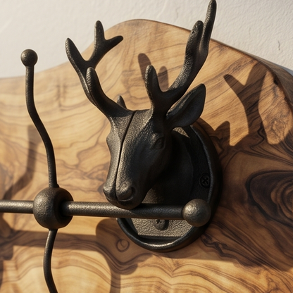 Rustic Live Edge Olive Wood Wall Coat Rack with Stag Head Accents