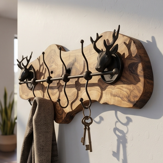 Rustic Live Edge Olive Wood Wall Coat Rack with Stag Head Accents