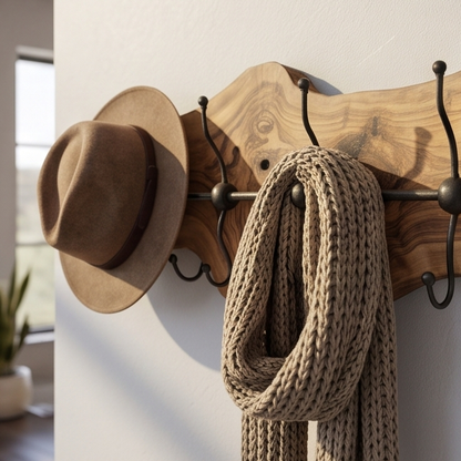 Rustic Live Edge Olive Wood Wall Coat Rack with Stag Head Accents