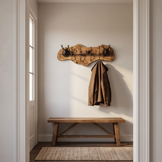 Rustic Live Edge Olive Wood Wall Coat Rack with Stag Head Accents