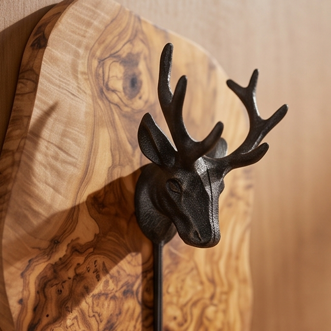 Freeform Olive Wood Stag Head Wall Hook | Luxury Cast Iron Deer Antler Coat Hanger