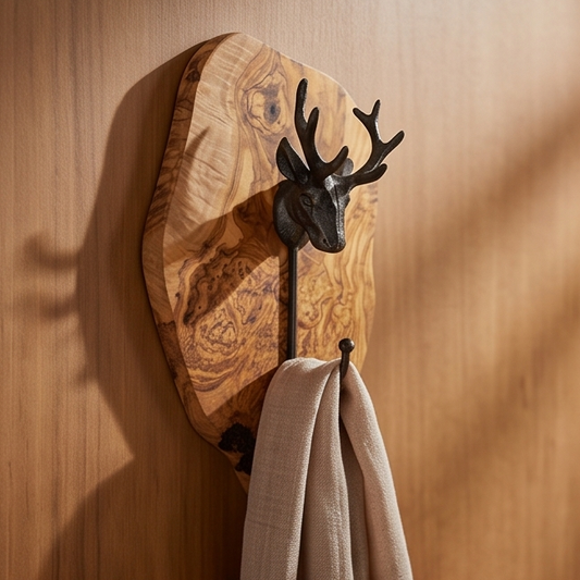 Freeform Olive Wood Stag Head Wall Hook | Luxury Cast Iron Deer Antler Coat Hanger