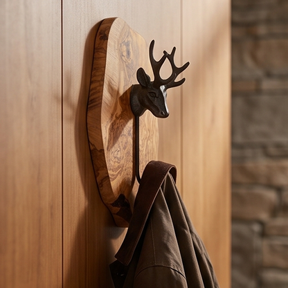Freeform Olive Wood Stag Head Wall Hook | Luxury Cast Iron Deer Antler Coat Hanger