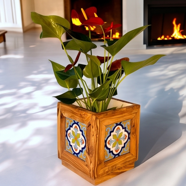 Olive Wood Handmade Wooden Planter with Tiles/Indoor and Outdoor Flower Box/Home and Garden
