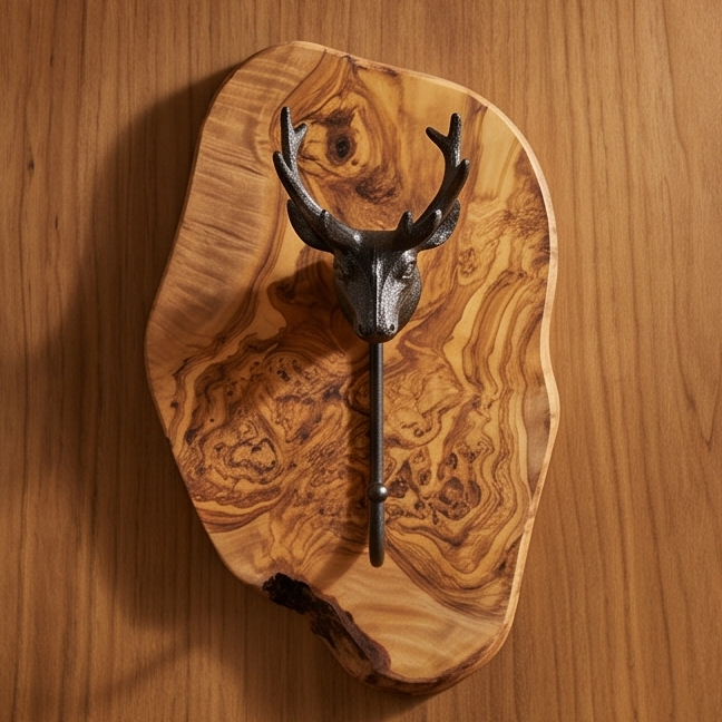 Freeform Olive Wood Stag Head Wall Hook | Luxury Cast Iron Deer Antler Coat Hanger