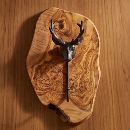 Freeform Olive Wood Stag Head Wall Hook | Luxury Cast Iron Deer Antler Coat Hanger
