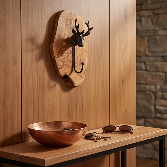 Freeform Olive Wood Stag Head Wall Hook | Luxury Cast Iron Deer Antler Coat Hanger