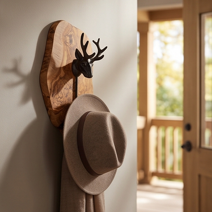 Freeform Olive Wood Stag Head Wall Hook | Luxury Cast Iron Deer Antler Coat Hanger