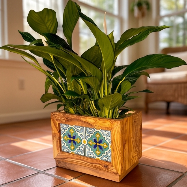 Olive Wood Handmade Wooden Planter with Tiles/Indoor and Outdoor Flower Box/Home and Garden