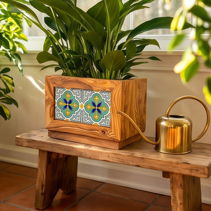 Olive Wood Handmade Wooden Planter with Tiles/Indoor and Outdoor Flower Box/Home and Garden