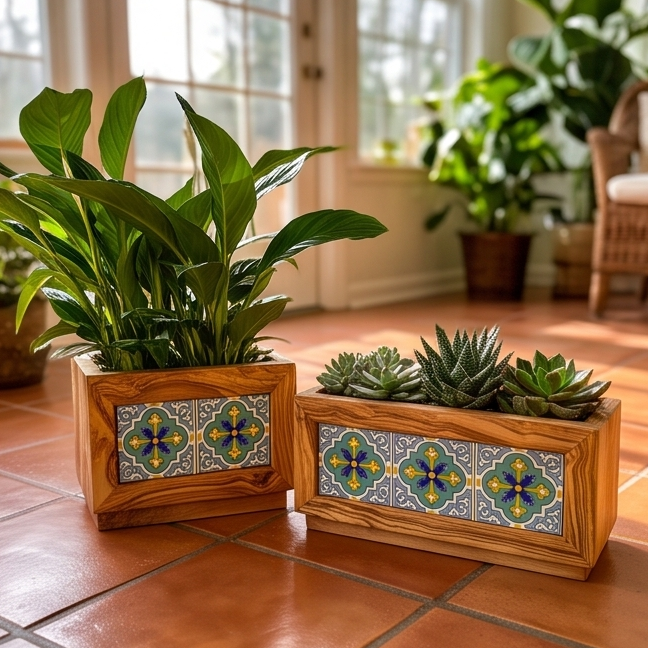 Olive Wood Handmade Wooden Planter with Tiles/Indoor and Outdoor Flower Box/Home and Garden