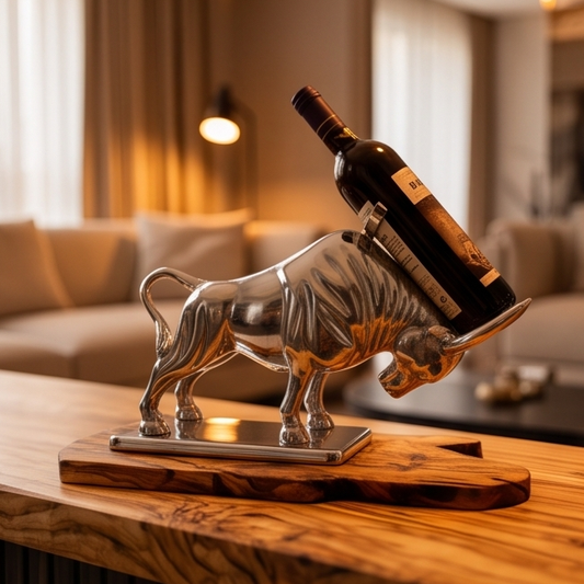 Wall Street Charging Bull Wine Bottle Holder | Luxury Olive Wood Base Bar Decor