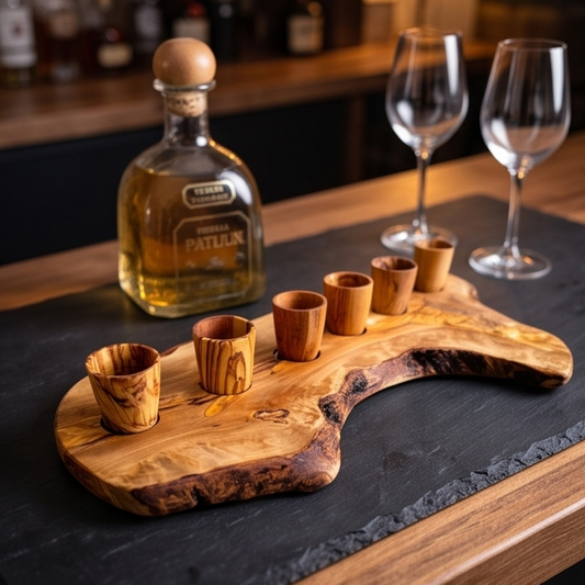 Olive Wood Wooden Shot Glasses With Stand