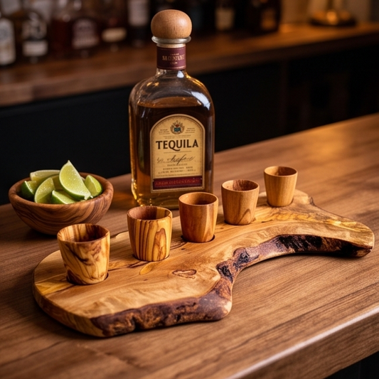 Olive Wood Wooden Shot Glasses With Stand