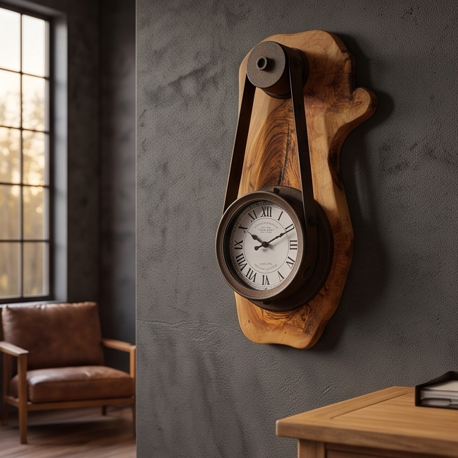 Industrial Pulley Belt Olive Wood Wall Clock | Steampunk Mechanical Statement Clock