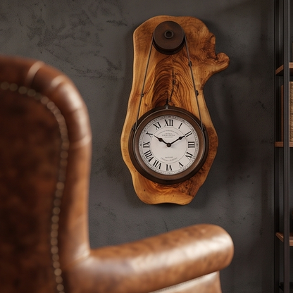 Industrial Pulley Belt Olive Wood Wall Clock | Steampunk Mechanical Statement Clock