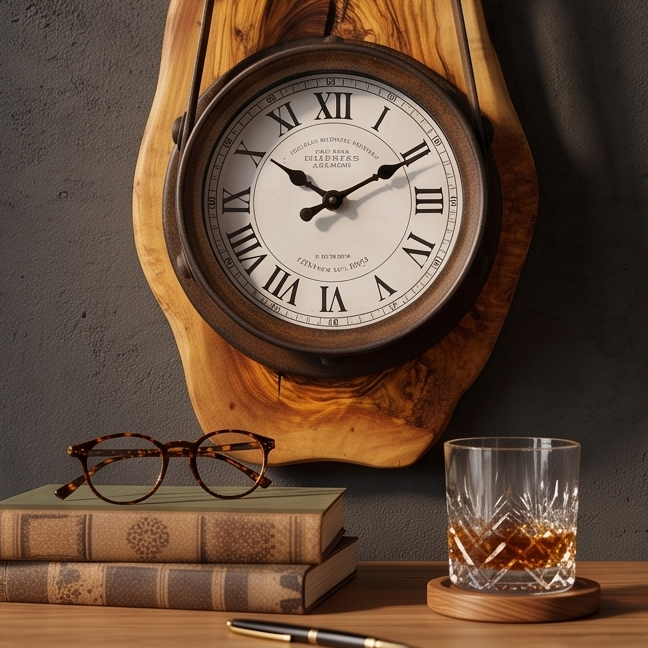 Industrial Pulley Belt Olive Wood Wall Clock | Steampunk Mechanical Statement Clock