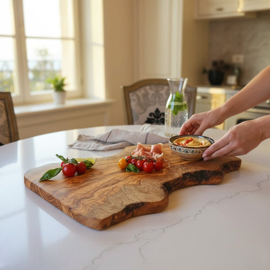 Large Handmade Olive Wood Freeform Serving Board | Extra Large Live Edge Charcuterie & Chopping Board | Unique Grain | 35–60 cm