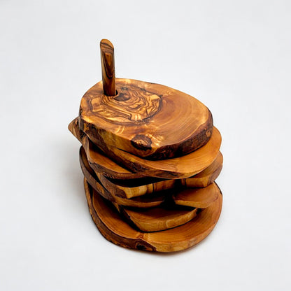 Olive Wood Rustic Coaster Set of 6 with Holder 12 cm