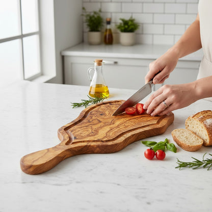 Handmade Olive Wood Freeform Meat Carving Board with Handle & Juice Groove | Live Edge Steak & Serving Board | Natural Grain | 45–60 cm