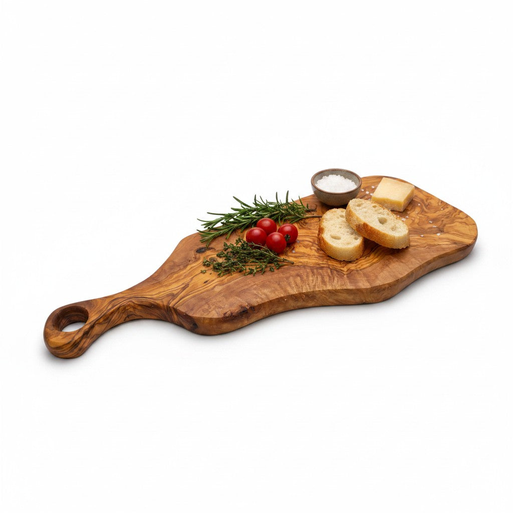 Handcrafted Olive Wood Charcuterie Board - Live Edge Serving Platter with Handle - Natural Rustic Cheese Board &amp; Cutting Surface