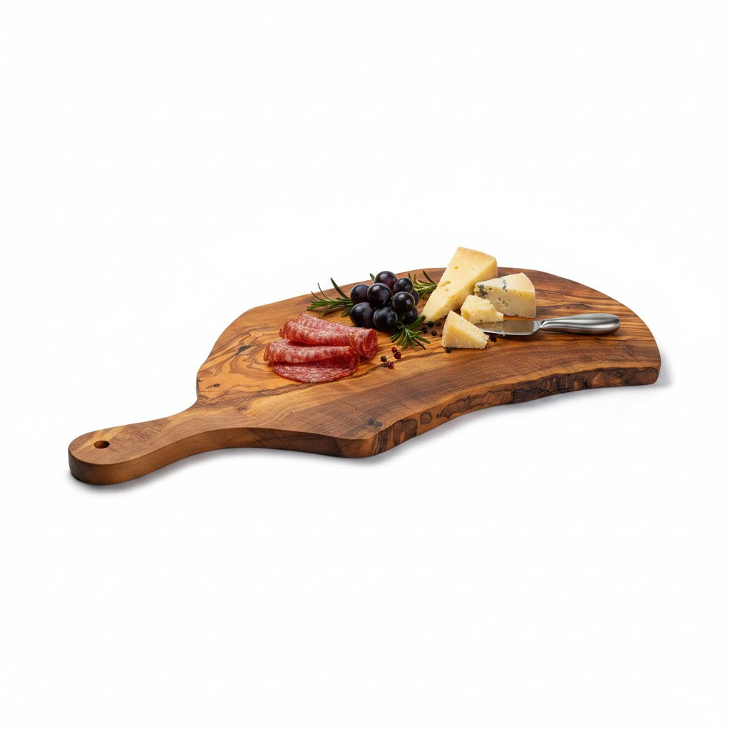 Handmade Olive Wood Live Edge Paddle Board with Handle | Rustic Freeform Charcuterie & Fruit Serving Board | Natural Grain | 30–40 cm