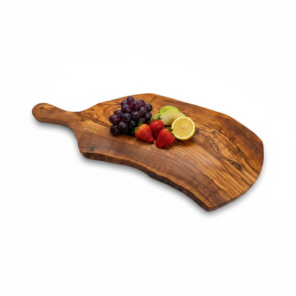 Handmade Olive Wood Live Edge Paddle Board with Handle | Rustic Freeform Charcuterie & Fruit Serving Board | Natural Grain | 30–40 cm
