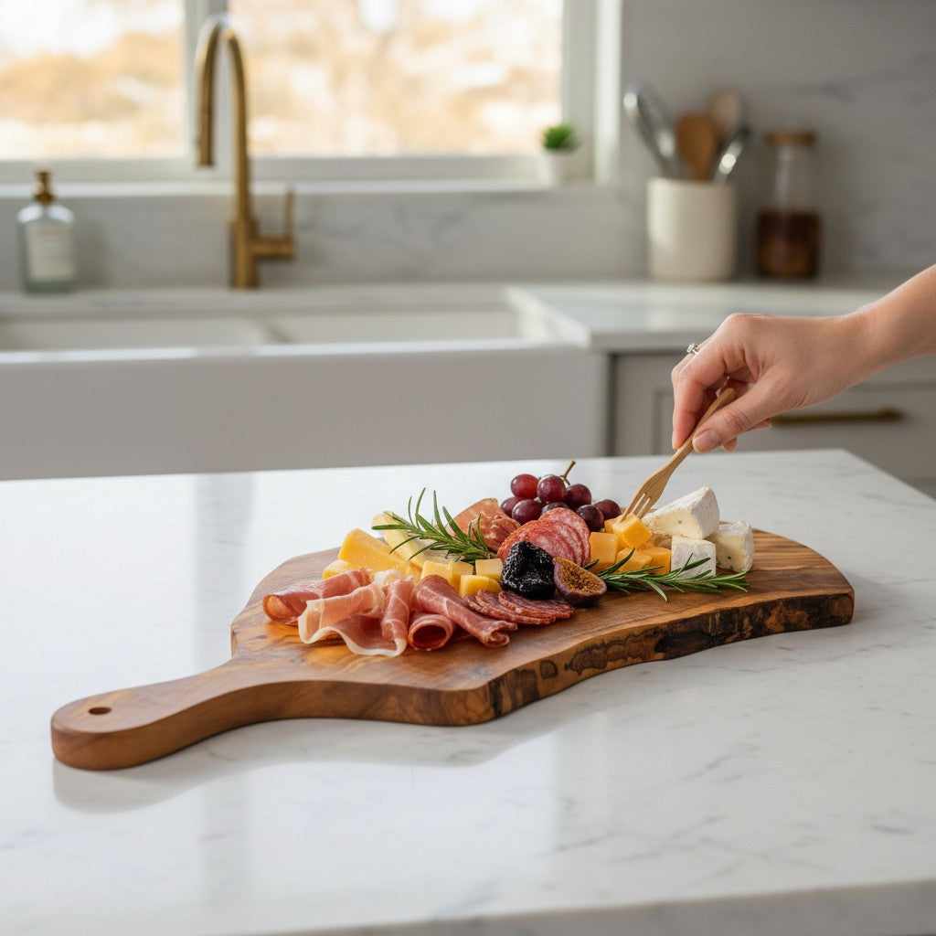 Handmade Olive Wood Live Edge Paddle Board with Handle | Rustic Freeform Charcuterie & Fruit Serving Board | Natural Grain | 30–40 cm
